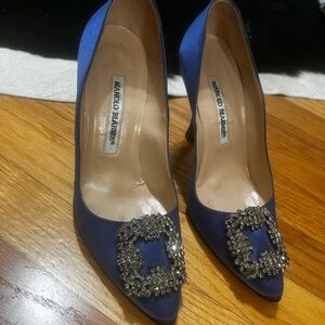 Manolo Blahnik Blue Satin Heels with Embellishments